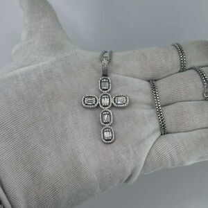 925 Sterling Silver White Gold Dipped Cross Pendant Baguette CZ Iced 11g unisex